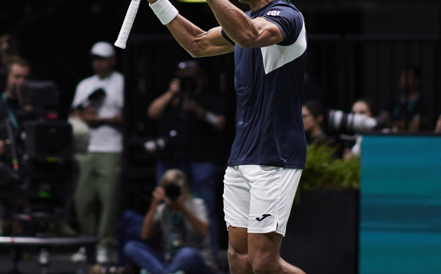 BOLOGNA, ITALY - SEPTEMBER 11: Thiago Monteiro of Brazil celebrates during the 2024 Davis Cup Finals Group Stage Bologna match between the Italy and Brazil at Unipol Arena on September 11, 2024 in Bologna, Italy. (Photo by Emmanuele Ciancaglini/Getty Images for ITF)