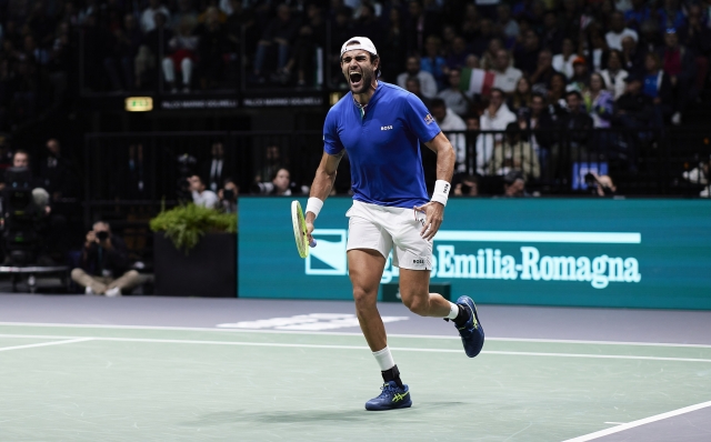 BOLOGNA, ITALY - SEPTEMBER 13: Matteo Berrettini of Italy celebrates during 2024 Davis Cup Finals Group Stage Bologna match between Italy and Belgium at Unipol Arena on September 13, 2024 in Bologna, Italy. (Photo by Emmanuele Ciancaglini/Getty Images for ITF)