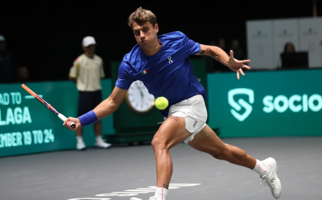 Flavio Cobolli during the tennis Davis Cup final 8 match between Flavio Cobolli (Italy) and Zizou Bergs (Belgium) at the Unipol arena, Casalecchio (Bologna), Bologna, northern Italy, Friday, September 13, 2024. Sport - Tennis - (Photo Michele Nucci - LaPresse)Flavio Cobolli during the tennis Davis Cup final 8 match between Flavio Cobolli (Italy) and Zizou Bergs (Belgium) at the Unipol arena, Casalecchio (Bologna), Bologna, northern Italy, Friday, September 13, 2024. Sport - Tennis - (Photo Michele Nucci - LaPresse)