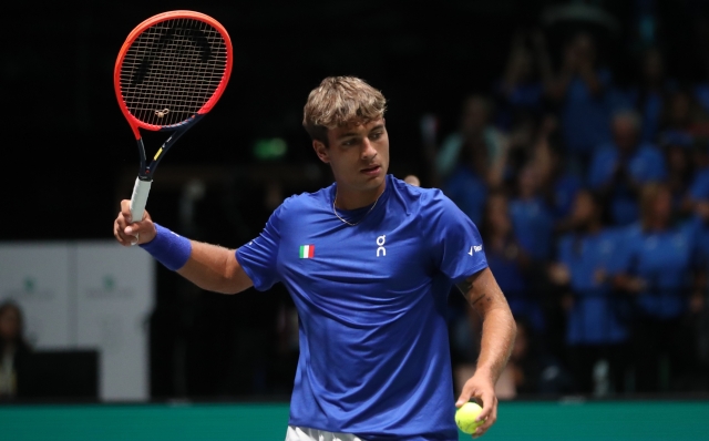 Flavio Cobolli during the tennis Davis Cup final 8 match between Flavio Cobolli (Italy) and Zizou Bergs (Belgium) at the Unipol arena, Casalecchio (Bologna), Bologna, northern Italy, Friday, September 13, 2024. Sport - Tennis - (Photo Michele Nucci - LaPresse)Flavio Cobolli during the tennis Davis Cup final 8 match between Flavio Cobolli (Italy) and Zizou Bergs (Belgium) at the Unipol arena, Casalecchio (Bologna), Bologna, northern Italy, Friday, September 13, 2024. Sport - Tennis - (Photo Michele Nucci - LaPresse)