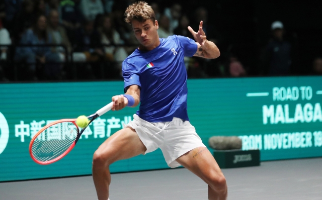 Flavio Cobolli during the tennis Davis Cup final 8 match between Flavio Cobolli (Italy) and Zizou Bergs (Belgium) at the Unipol arena, Casalecchio (Bologna), Bologna, northern Italy, Friday, September 13, 2024. Sport - Tennis - (Photo Michele Nucci - LaPresse)Flavio Cobolli during the tennis Davis Cup final 8 match between Flavio Cobolli (Italy) and Zizou Bergs (Belgium) at the Unipol arena, Casalecchio (Bologna), Bologna, northern Italy, Friday, September 13, 2024. Sport - Tennis - (Photo Michele Nucci - LaPresse)