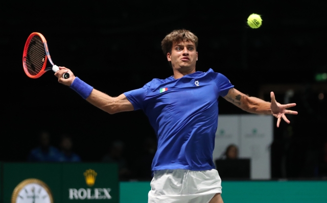 Flavio Cobolli during the tennis Davis Cup final 8 match between Flavio Cobolli (Italy) and Zizou Bergs (Belgium) at the Unipol arena, Casalecchio (Bologna), Bologna, northern Italy, Friday, September 13, 2024. Sport - Tennis - (Photo Michele Nucci - LaPresse)Flavio Cobolli during the tennis Davis Cup final 8 match between Flavio Cobolli (Italy) and Zizou Bergs (Belgium) at the Unipol arena, Casalecchio (Bologna), Bologna, northern Italy, Friday, September 13, 2024. Sport - Tennis - (Photo Michele Nucci - LaPresse)