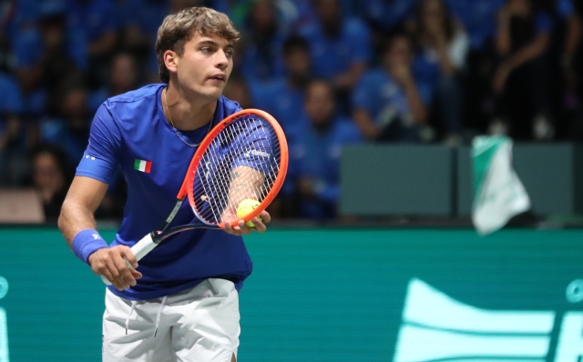 Flavio Cobolli during the tennis Davis Cup final 8 match between Flavio Cobolli (Italy) and Zizou Bergs (Belgium) at the Unipol arena, Casalecchio (Bologna), Bologna, northern Italy, Friday, September 13, 2024. Sport - Tennis - (Photo Michele Nucci - LaPresse)Flavio Cobolli during the tennis Davis Cup final 8 match between Flavio Cobolli (Italy) and Zizou Bergs (Belgium) at the Unipol arena, Casalecchio (Bologna), Bologna, northern Italy, Friday, September 13, 2024. Sport - Tennis - (Photo Michele Nucci - LaPresse)