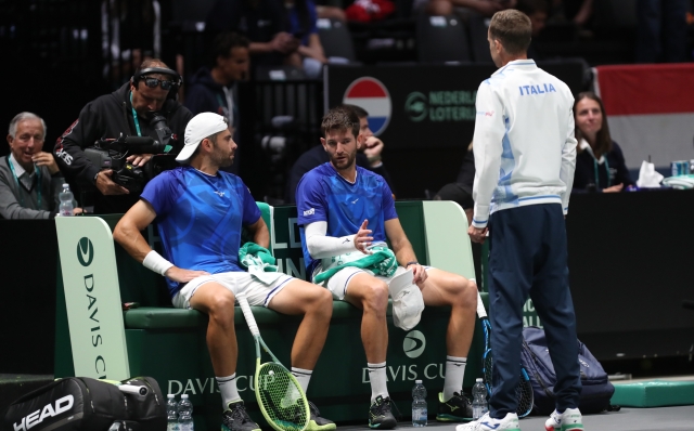 Vavassori and Boloelli during the tennis Davis Cup final 8 double match between Andrea Vavassori and Simone Bolelli (Italy) vs.  Botic Van Zandschulp and Wesley Koolhof (Netherlands) at the Unipol arena, Casalecchio (Bologna), Bologna, northern Italy, Sunday, September 15, 2024. Sport - Tennis - (Photo Michele Nucci - LaPresse)