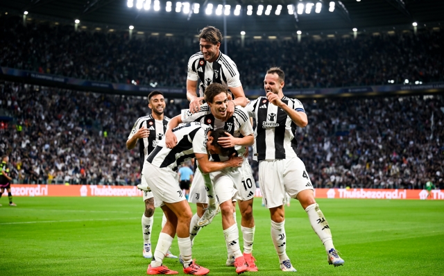 TURIN, ITALY - SEPTEMBER 17: Kenan Yildiz of Juventus celebrates after scoring his team's first goal with teammates Andrea Cambiaso, Dusan Vlahovic and Federico Gatti during the UEFA Champions League 2024/25 League Phase MD1 match between Juventus and PSV Eindhoven at Juventus Stadium on September 17, 2024 in Turin, Italy. (Photo by Daniele Badolato - Juventus FC/Juventus FC via Getty Images)