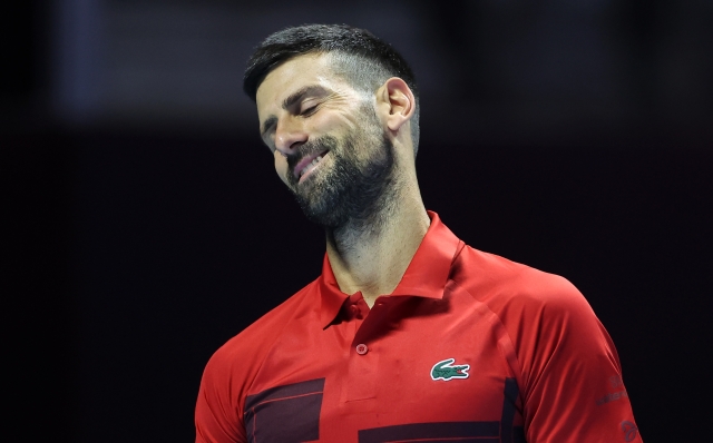 RIYADH, SAUDI ARABIA - OCTOBER 17:  Novak Djokovic of Serbia reacts to a missed chance in his Semi Final match against Jannik Sinner of Italy during day two of the Six Kings Slam 2024 at Kingdom Arena on October 17, 2024 in Riyadh, Saudi Arabia. (Photo by Richard Pelham/Getty Images)