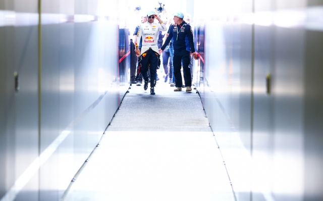 MEXICO CITY, MEXICO - OCTOBER 25: Sergio Perez of Mexico and Oracle Red Bull Racing walks into the garage prior to practice ahead of the F1 Grand Prix of Mexico at Autodromo Hermanos Rodriguez on October 25, 2024 in Mexico City, Mexico. (Photo by Mark Thompson/Getty Images)