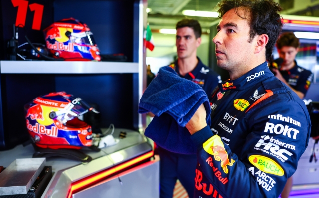 MEXICO CITY, MEXICO - OCTOBER 25: Sergio Perez of Mexico and Oracle Red Bull Racing looks on in the garage during practice ahead of the F1 Grand Prix of Mexico at Autodromo Hermanos Rodriguez on October 25, 2024 in Mexico City, Mexico. (Photo by Mark Thompson/Getty Images)