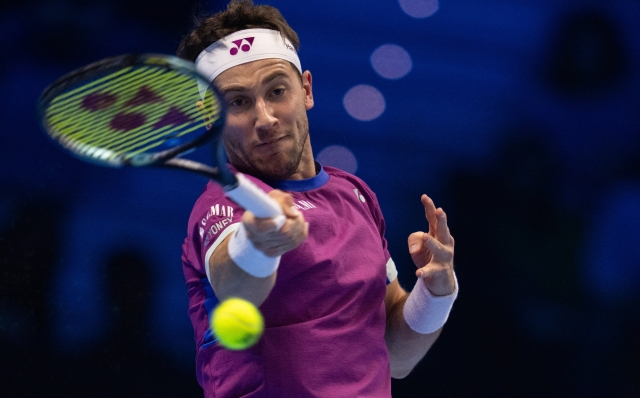 Norway's Casper Ruud serves to Russia's Andrey Rublev during the singles tennis match of the ATP World Tour Finals at the Inalpi Arena in Turin, Italy - Sport - Friday, November 15, 2024. (Photo by Marco Alpozzi/Lapresse)