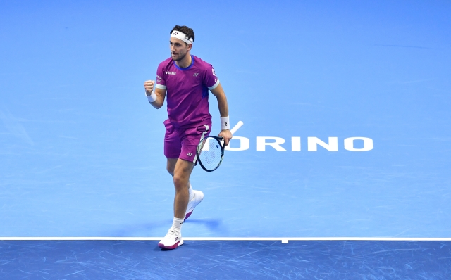 TURIN, ITALY - NOVEMBER 15: Casper Ruud of Norway celebrates a point against Andrey Rublev during the Men's Singles Group Stage match during day six of the Nitto ATP finals 2024 at Inalpi Arena on November 15, 2024 in Turin, Italy. (Photo by Valerio Pennicino/Getty Images)