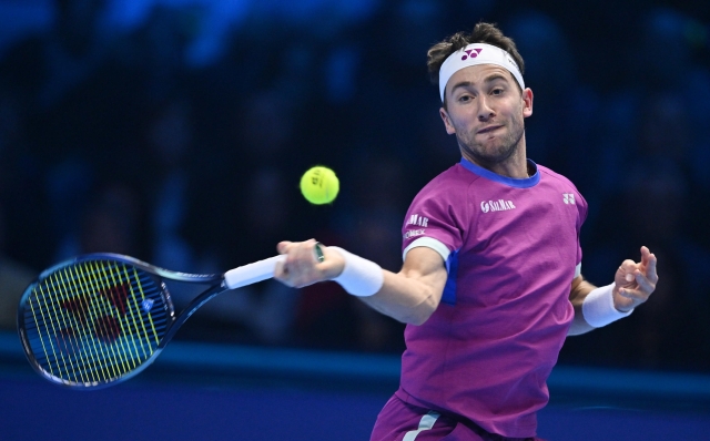 Casper Ruud of Norway plays the match against Andrey Rublev of Russia during the match of Nitto Atp Finals in Turin, Italy, 15 November 2024 . The ATP men's singles world number 1 is preparing for the ATP Finals that will run from 10-17 November in Turin ANSA/ALESSANDRO DI MARCO