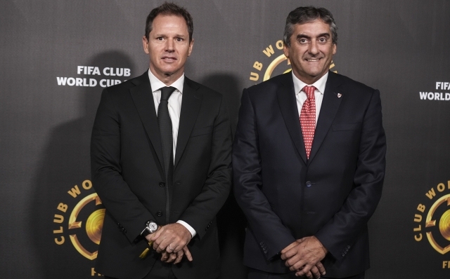 Club Atlético River Plate's Jorge Brito and Enzo Francescoli arrive ahead of the draw for the 2025 FIFA Club World Cup soccer tournament, Thursday, Dec. 5, 2024, in Miami. (AP Photo/Rebecca Blackwell)