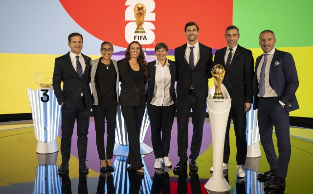 epa11774377 Manolo Zubiria, Rachel Yankey, Semra Hunter, Ariane Hingst, Fernando Llorente, Robert Pires and Gianluca Zambrotta (L-R) pose on the stage  before the UEFA Preliminary Draw for the FIFA World Cup 2026, at the FIFA headquarters in Zurich, Switzerland, 13 December 2024.  EPA/ENNIO LEANZA