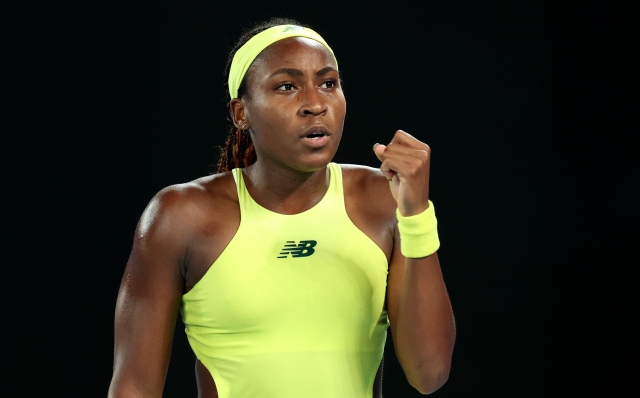 MELBOURNE, AUSTRALIA - JANUARY 15: Coco Gauff of the United States celebrates a point against Jodie Burrage of Great Britain in the Women's Singles Second Round match during day four of the 2025 Australian Open at Melbourne Park on January 15, 2025 in Melbourne, Australia. (Photo by Kelly Defina/Getty Images)