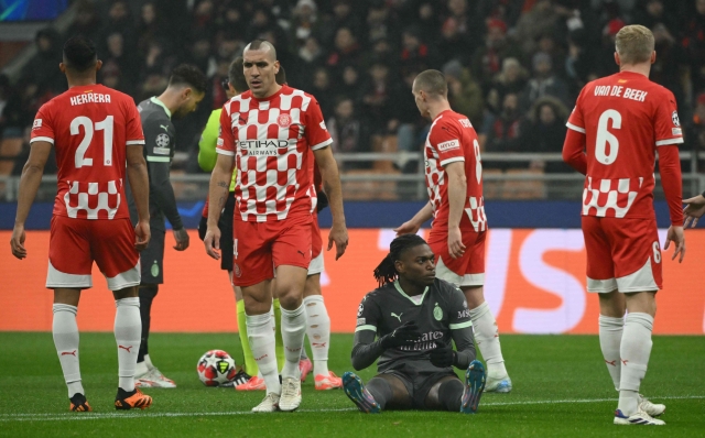 AC Milan's Portuguese forward #10 Rafael Leao reacts during the UEFA Champions League football match between AC Milan and Girona at San Siro stadium in Milan, on January 22, 2025. (Photo by Alberto PIZZOLI / AFP)