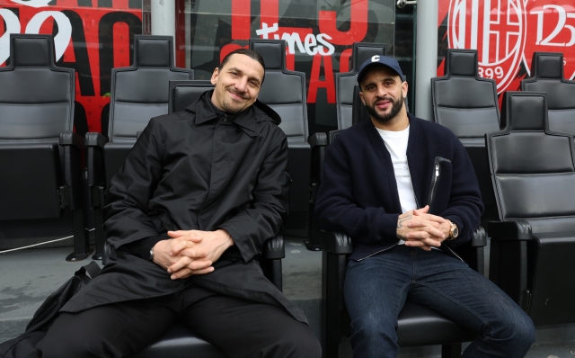 MILAN, ITALY - JANUARY 26:  Zlatan Ibrahimovic and Kyle Walker of attend before the Serie A match between AC Milan and Parma at Stadio Giuseppe Meazza on January 26, 2025 in Milan, Italy. (Photo by Claudio Villa/AC Milan via Getty Images)