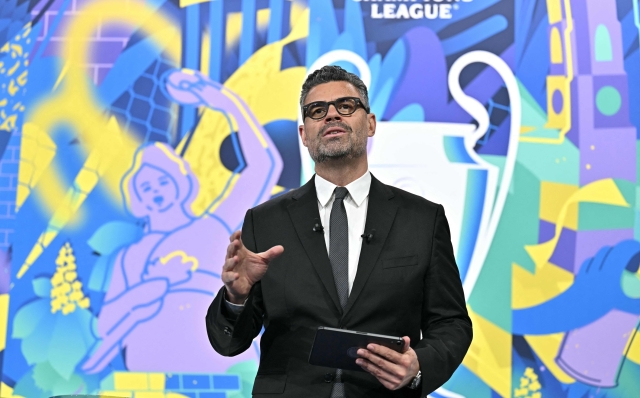 UEFA Managing Director of Communications Pedro Pinto hosts the 2024-2025 UEFA Champions League football tournament knockout play-off draw at the House of European football in Nyon, on January 31, 2025. (Photo by Fabrice COFFRINI / AFP)