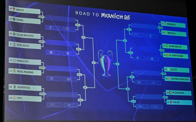 A giant screen displays fixtures during the 2024-2025 UEFA Champions League football tournament knockout play-off draw at the House of European football in Nyon, on January 31, 2025. (Photo by Fabrice COFFRINI / AFP)