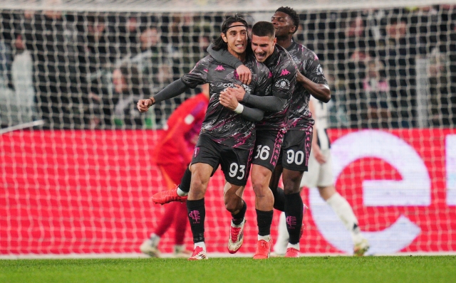 Empoli?s Youssef Maleh celebrates after scoring the 1-0 goal for his team during the Coppa Italia quarter-finals soccer match between Juventus and Empoli at the Allianz Stadium in Torino, north west Italy - Wednesday, February 26, 2025. Sport - Soccer . (Photo by Marco Alpozzi/Lapresse)