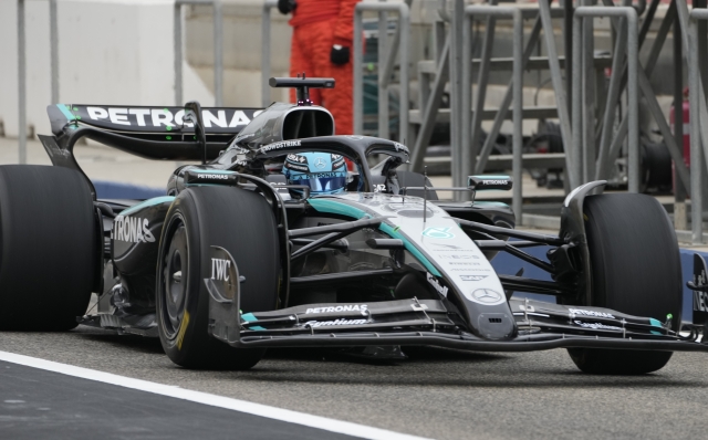 Mercedes driver George Russell of Britain leaves the pit lane during a Formula One pre-season test at the Bahrain International Circuit in Sakhir, Bahrain, Thursday, Feb. 27, 2025. (AP Photo/Darko Bandic)