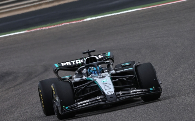 Mercedes' British driver George Russell drives during the second day of the Formula One pre-season testing at the Bahrain International Circuit in Sakhir on February 27, 2025. (Photo by FADEL SENNA / AFP)