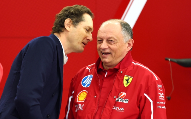 BAHRAIN, BAHRAIN - FEBRUARY 27: John Elkann, Chairman and CEO of Ferrari and Frederic Vasseur, Team Principal of Scuderia Ferrari talk in the garage during day two of F1 Testing at Bahrain International Circuit on February 27, 2025 in Bahrain, Bahrain. (Photo by Clive Rose/Getty Images)