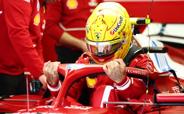 BAHRAIN, BAHRAIN - FEBRUARY 27: Lewis Hamilton of Great Britain and Scuderia Ferrari prepares to drive  during day two of F1 Testing at Bahrain International Circuit on February 27, 2025 in Bahrain, Bahrain. (Photo by Clive Rose/Getty Images)