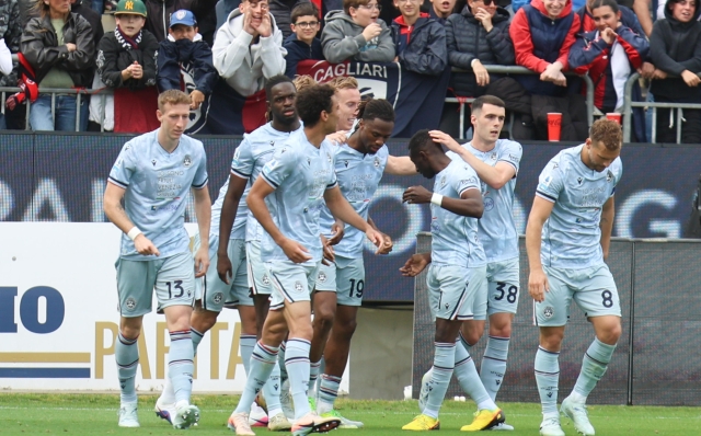 Udineses Adam Buska and players jubilates after scoring the goal  0-1 during Italian Serie A soccer match Cagliari calcio vs Udinese Calcio at the Unipol Domus in Cagliari, Italy, 9 may 2026 ANSA/FABIO MURRU
