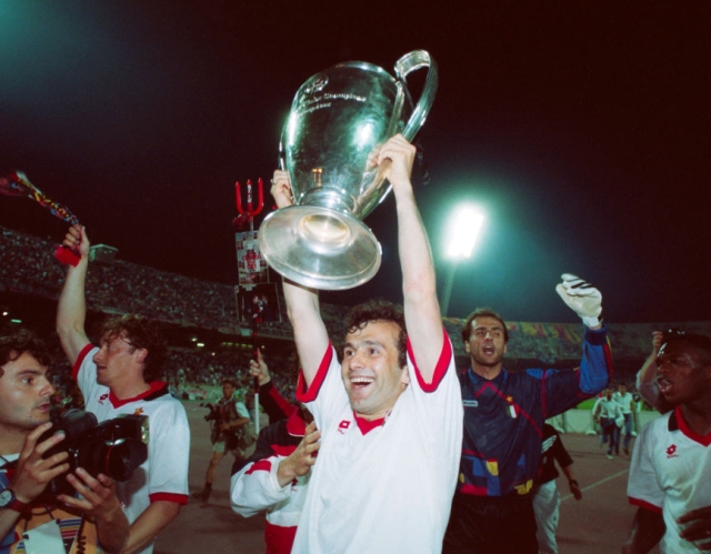 ATHENS, GREECE - MAY 18: AC Milan player Dejan Savicevic holds aloft the trophy after the 1994 UEFA European Cup Final victory against Barcelona on May 18th, 1994 in Athens, Greece. (Photo by Shaun Botterill/Allsport/Getty Images/Hulton Archive)