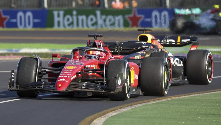 Ferrari driver Charles Leclerc of Monaco leads Red Bull driver Max Verstappen of the Netherlands during the Australian Formula One Grand Prix in Melbourne, Australia, Sunday, April 10, 2022. (AP Photo/Asanka Brendon Ratnayake)