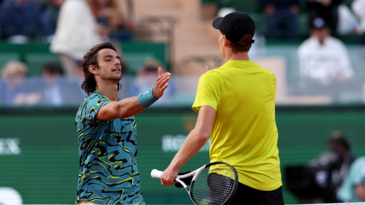 MONTE-CARLO, MONACO - APRIL 14: Jannik Sinner of Italy shakes hands at the net after his straight sets victory against Lorenzo Musetti of Italy in their quarterfinal match during day six of the Rolex Monte-Carlo Masters at Monte-Carlo Country Club on April 14, 2023 in Monte-Carlo, Monaco. (Photo by Clive Brunskill/Getty Images)
