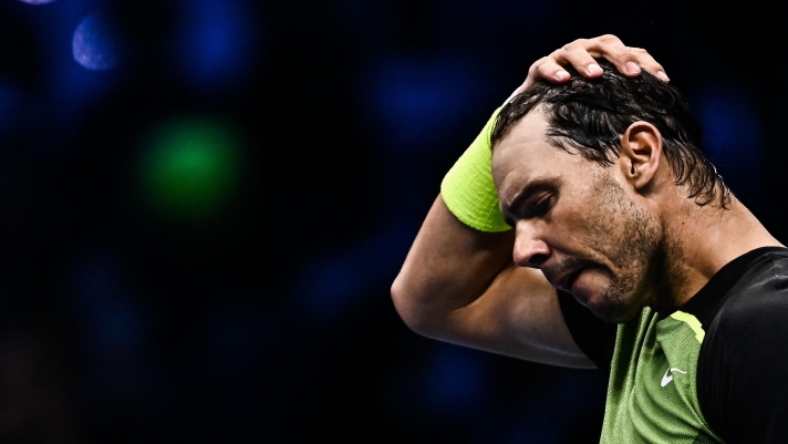 (FILES) Spain's Rafael Nadal reacts after winning his round-robin match against Norway's Casper Ruud on November 17, 2022 at the ATP Finals tennis tournament in Turin. - Rafael Nadal on May 5 withdrew from the Rome Masters tournament as he continues his recovery from injury, casting serious doubts over his fitness for the French Open. (Photo by Marco BERTORELLO / AFP)