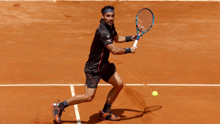 ROME, ITALY - MAY 14: Fabio Fognini of Italy plays a backhand shot during the Men's Singles Round of 32 match against Holger Rune of Denmark during Day Seven of the Internazionali BNL D'Italia 2023 at Foro Italico on May 14, 2023 in Rome, Italy. (Photo by Alex Pantling/Getty Images)