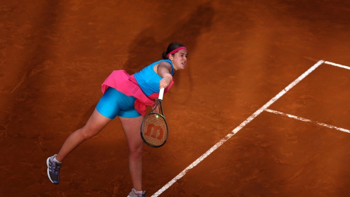 ROME, ITALY - MAY 17: Jelena Ostapenko of Latvia serves in her match against Paula Badosa of Spain during their Women's Singles quarter-final match on day ten of Internazionali BNL D'Italia 2023 at Foro Italico on May 17, 2023 in Rome, Italy. (Photo by Alex Pantling/Getty Images)