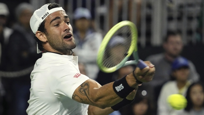 FILE - Matteo Berrettini, of Italy, returns a shot to Taro Daniel, of Japan, at the BNP Paribas Open tennis tournament Friday, March 10, 2023, in Indian Wells, Calif. Former Wimbledon runner-up Matteo Berrettini withdrew from the upcoming Italian Open on Friday, April 28, 2023 as he continues to recover from a stomach muscle tear. (AP Photo/Mark J. Terrill, File)