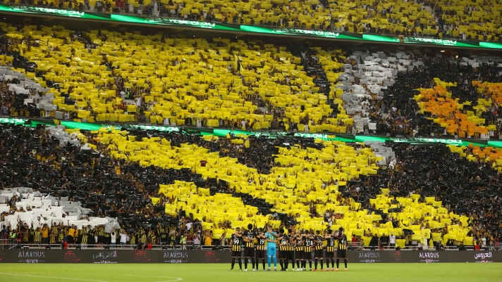 Ittihad's players take the field for the Saudi Pro League football match between al-Ittihad and al-Hilal at the King Abdullah Sports City in Jeddah on May 23, 2022. (Photo by AFP)