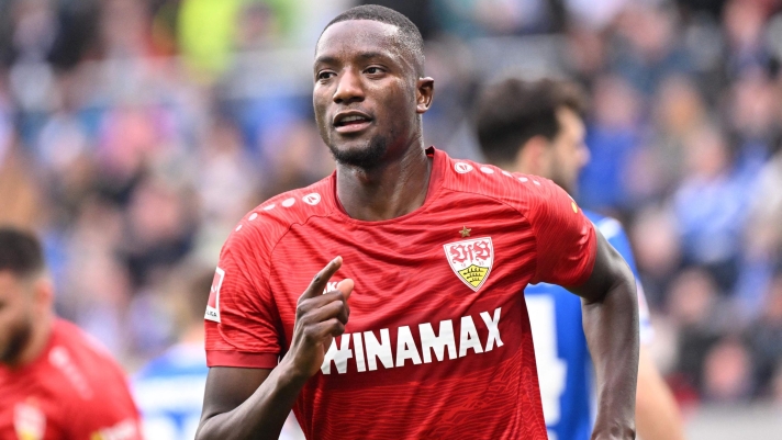 Stuttgart's Guinean forward #09 Serhou Guirassy celebrates scoring the opening goal during the German first division Bundesliga football match between SV Darmstadt 98 and VfL Stuttgart in Darmstadt, western Germany on February 17, 2024. (Photo by Kirill KUDRYAVTSEV / AFP) / DFL REGULATIONS PROHIBIT ANY USE OF PHOTOGRAPHS AS IMAGE SEQUENCES AND/OR QUASI-VIDEO