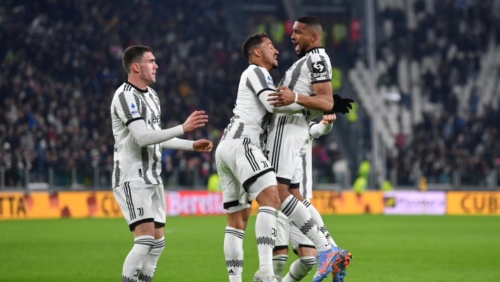 TURIN, ITALY - FEBRUARY 28: Bremer of Juventus celebrates after scoring the team's third goal with teammate Danilo during the Serie A match between Juventus and Torino FC at Allianz Stadium on February 28, 2023 in Turin, Italy. (Photo by Valerio Pennicino/Getty Images)
