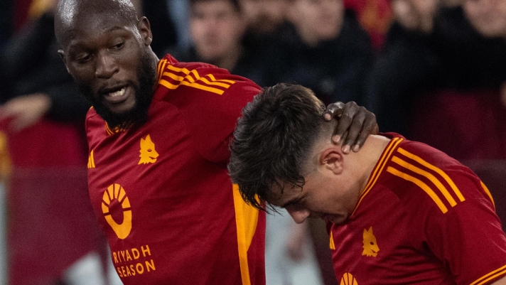 Roma's Paulo Dybala jubilates with teammate Romelo Lukaku after scoring the 3-1 gol during the Serie A soccer match between AS Roma and Torino FC at Olimpico stadium in Rome,Italy, 26 February 2024..   ANSA/MAURIZIO BRAMBATTI