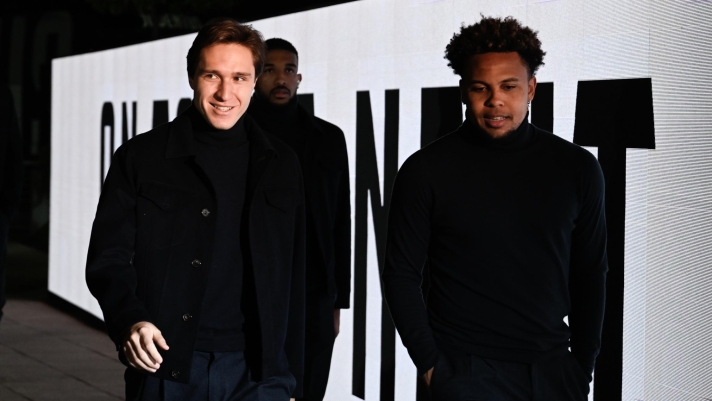 TURIN, ITALY - FEBRUARY 12: (L-R) Federico Chiesa and Weston McKennie of Juventus arrives at the stadium prior to the Serie A TIM match between Juventus and Udinese Calcio - Serie A TIM  at Allianz Stadium on February 12, 2024 in Turin, Italy. (Photo by Daniele Badolato - Juventus FC/Juventus FC via Getty Images )