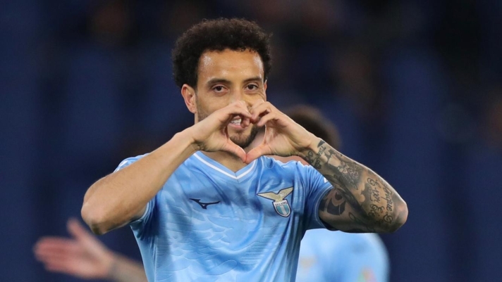 ROME, ITALY - APRIL 12:  Felipe Anderson of SS Lazio celebrates after scoring the opening goal during the Serie A TIM match between SS Lazio and US Salernitana at Stadio Olimpico on April 12, 2024 in Rome, Italy. (Photo by Paolo Bruno/Getty Images)