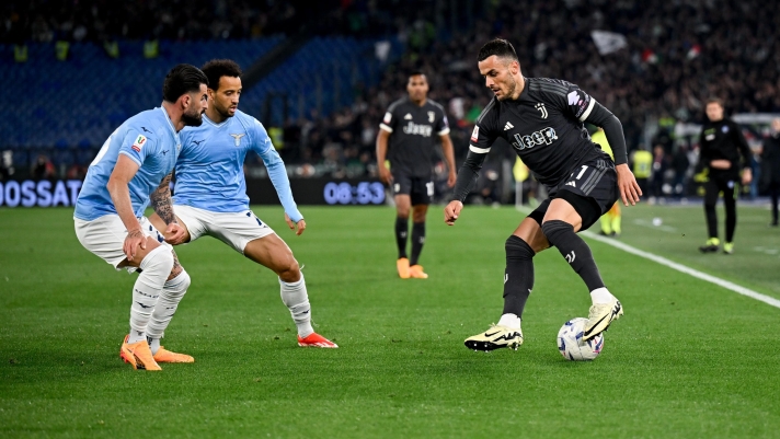 ROME, ITALY - APRIL 23: Filip Kostic of Juventus controls the ball during the Coppa Italia Semi-final Second Leg match between SS Lazio and Juventus FC at Stadio Olimpico on April 23, 2024 in Rome, Italy. (Photo by Daniele Badolato - Juventus FC/Juventus FC via Getty Images)
