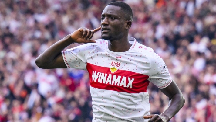 31 March 2024, Baden-W¸rttemberg, Stuttgart: Soccer: Bundesliga, VfB Stuttgart - 1. FC Heidenheim, Matchday 27, MHPArena. Stuttgart's Serhou Guirassy celebrates after scoring a goal. Photo: Tom Weller/dpa - IMPORTANT NOTE: In accordance with the regulations of the DFL German Football League and the DFB German Football Association, it is prohibited to utilize or have utilized photographs taken in the stadium and/or of the match in the form of sequential images and/or video-like photo series. (Photo by Tom Weller / DPA / dpa Picture-Alliance via AFP)