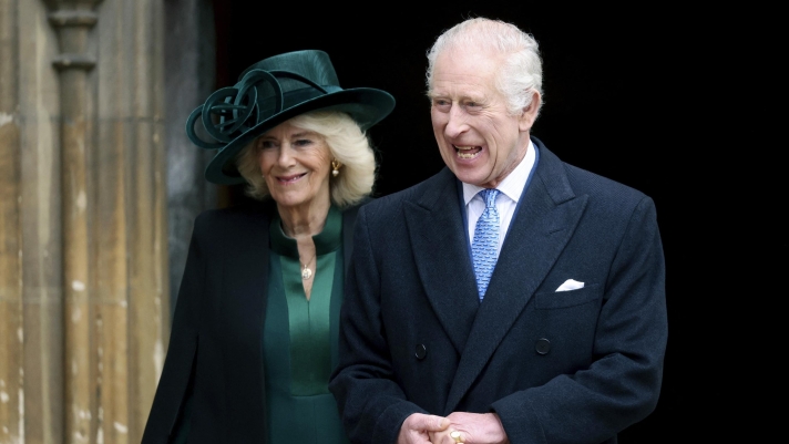 FILE - Britain\'s King Charles III and Queen Camilla leave after attending the Easter Matins Service at St. George\'s Chapel, Windsor Castle, England, March 31, 2024. Buckingham Palace says King Charles III will resume his public duties next week following treatment for cancer. The announcement on Friday April 26, 2024, comes almost three months after Charles took a break from public appearances to focus on his treatment for an undisclosed type of cancer. (Hollie Adams/Pool Photo via AP, File)    Associated Press / LaPresse Only italy and Spain