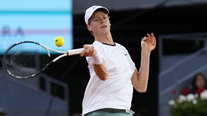 Jannik Sinner of Italy returns the ball to Pavel Kotov of Russia during the Mutua Madrid Open tennis tournament in Madrid, Spain, Monday, April 29, 2024. (AP Photo/Manu Fernandez)