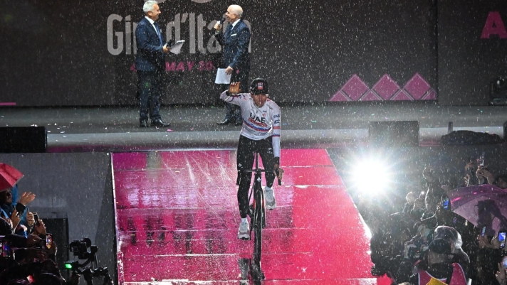 Slovenian rider of Team Uae Emirates Tadej Pogacar during the team presentation for the 2024 Giro d'Italia cycling race in Torino, Italy, 02 May 2024. The 107th edition of the Giro d'Italia will take place from 04 through 26 May 2024. ANSA/LUCA ZENNARO