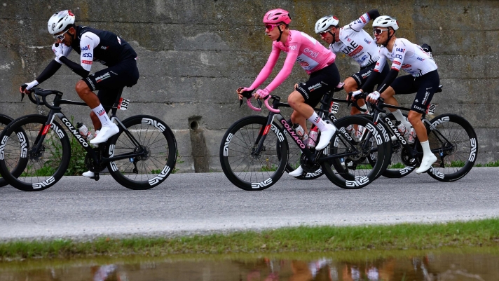 Pink jersey Team UAE's Slovenian rider Tadej Pogacar rides during the 4th stage of the 107th Giro d'Italia cycling race, 190 km between Acqui Terme and Andora, on May 7, 2024 in Acqui Terme. (Photo by Luca Bettini / AFP)