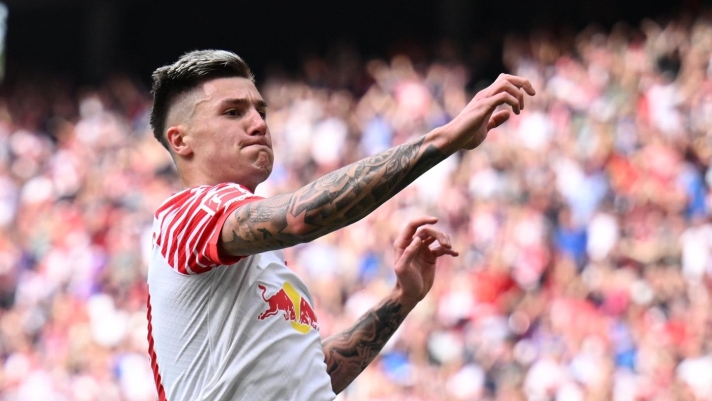 LEIPZIG, GERMANY - APRIL 13: Benjamin Sesko of Leipzig celebrates scoring his team's second goal during the Bundesliga match between RB Leipzig and VfL Wolfsburg at Red Bull Arena on April 13, 2024 in Leipzig, Germany. (Photo by Stuart Franklin/Getty Images)
