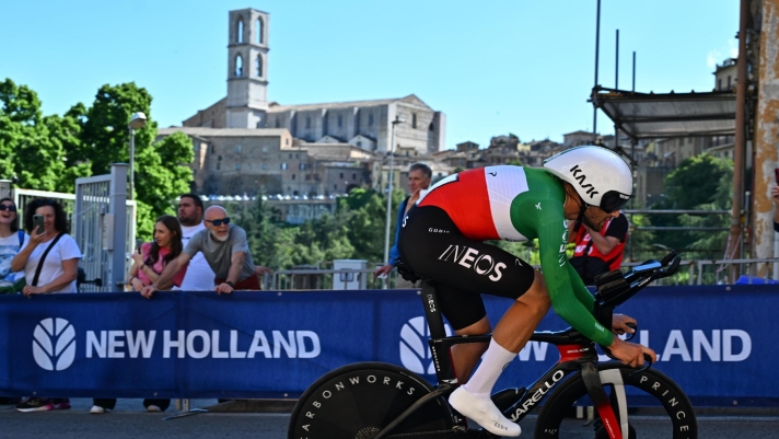 Italian rider Filippo Ganna of Ineos Grenadiers Team in action during the 7th stage of the 107 Giro d'Italia 2024, an individual time trial (ITT) over 40,6 km from Foligno to Perugia, Italy, 10 May 2024. ANSA/LUCA ZENNARO