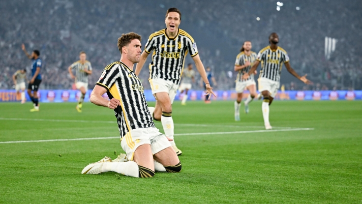 ROME, ITALY - MAY 15: Dusan Vlahovic of Juventus celebrates after scoring his team's first goal during the Coppa Italia final match between Atalanta BC and Juventus FC at Olimpico Stadium on May 15, 2024 in Rome, Italy. (Photo by Daniele Badolato - Juventus FC/Juventus FC via Getty Images)